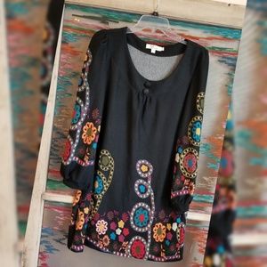 Aryeh Colorful Boho Hippy long sleeved black dress